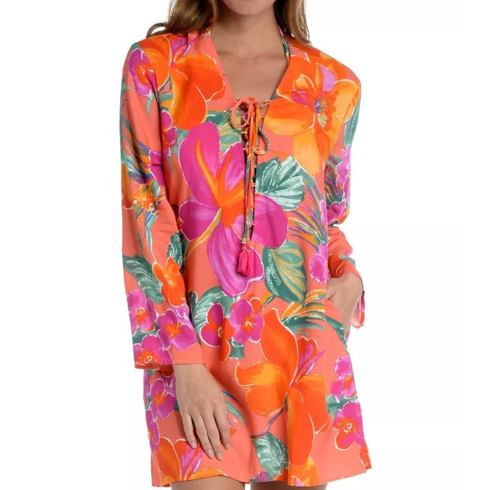La Blanca Isla Floral Cover up Tunic - Hot Coral Size Small